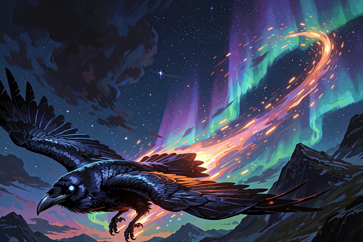 Sort ravn med isbl&aring; &oslash;jne stiger stejlt op under nordlys og efterlader et spor af gnister - crash games hos Godz