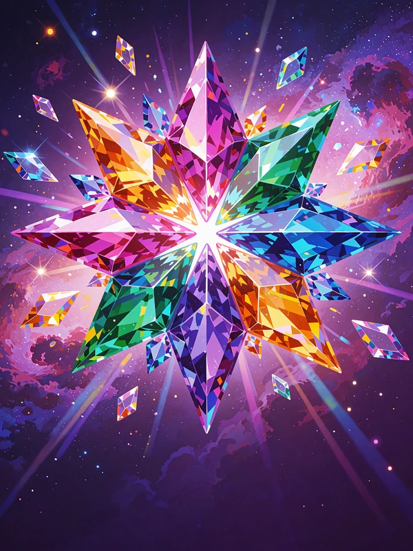 Prismatisk krystalstjerne i juveltoner p&aring; lilla galaksebaggrund - illustration til spilleautomaten Starburst