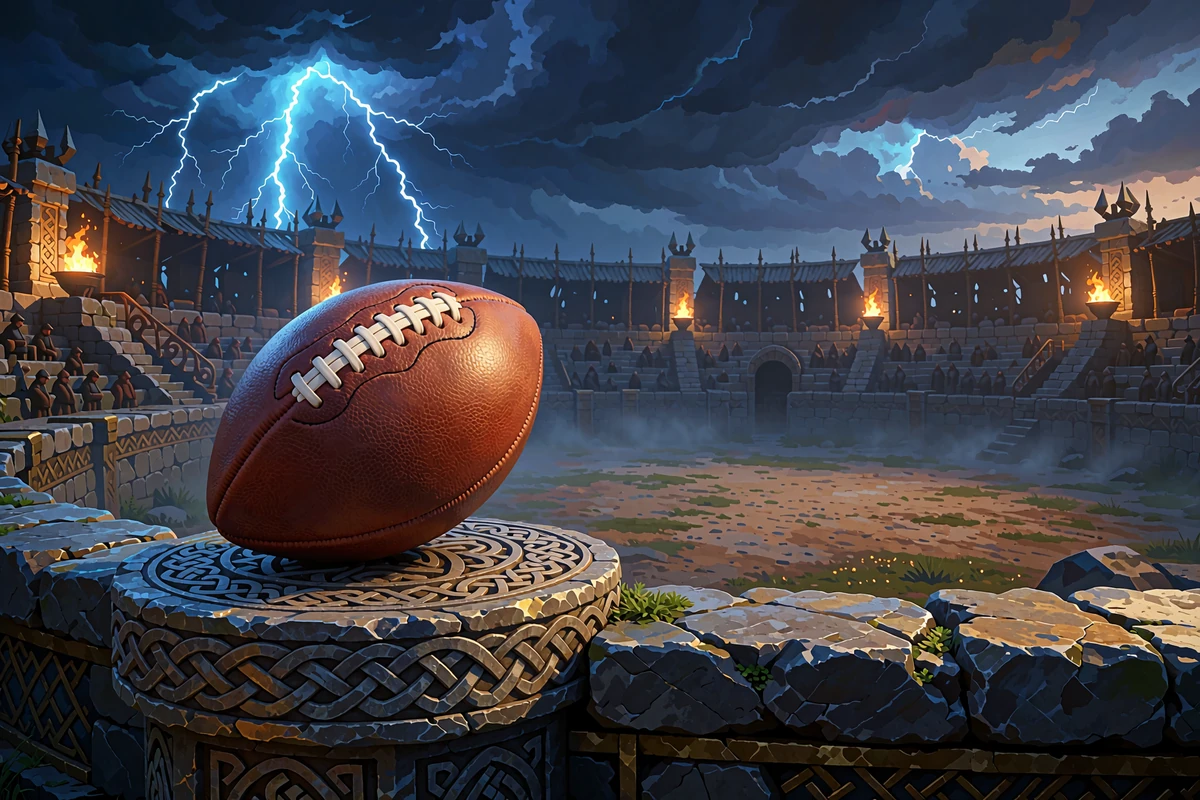 L&aelig;derfodbold p&aring; en udsk&aring;ret stensokkel i en antik cirkul&aelig;r arena under stormhimmel - sportsbook-bonus hos Godz Casino