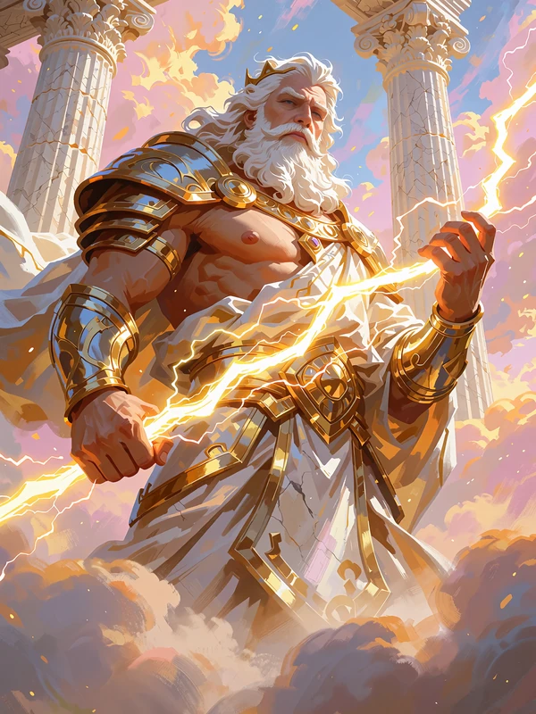 Hvidsk&aelig;gget himmelgud med gylden lynkile foran et marmortempel - illustration til spilleautomaten Gates of Olympus