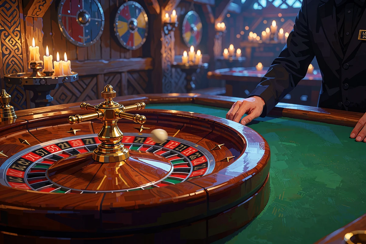 Rouletter&aelig;d i poleret tr&aelig; med guldbeslag og en kugle i bev&aelig;gelse i en nordisk mj&oslash;dhal - live casino hos Godz