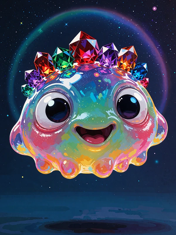 Glad gel&eacute;-alien med en krone af farvede &aelig;delsten i rummet - illustration til spilleautomaten Reactoonz