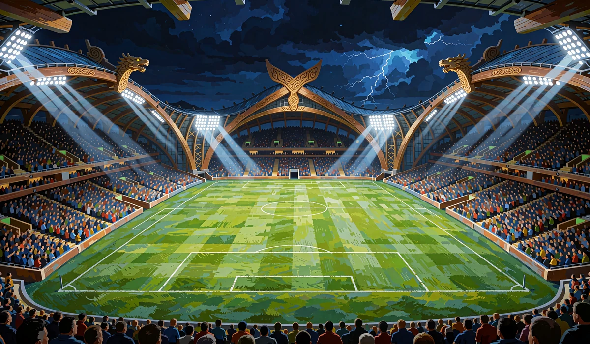 Fodboldstadion om natten med langhus-tag, drageformede bj&aelig;lkeender og projekt&oslash;rlys over gr&oslash;n bane - sportsbook hos Godz